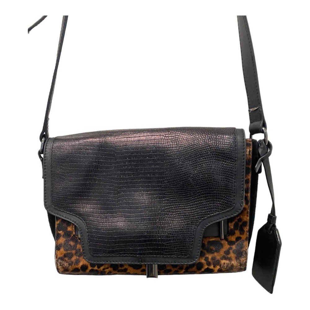 Vince Camuto Shoulder Bag Crossbody Leopard Reptile Embossed Leather Fold Over